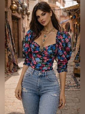 For Love & Lemons Floral Satin Bodysuit Size M Romantic Puff Sleeve Luxe NWT